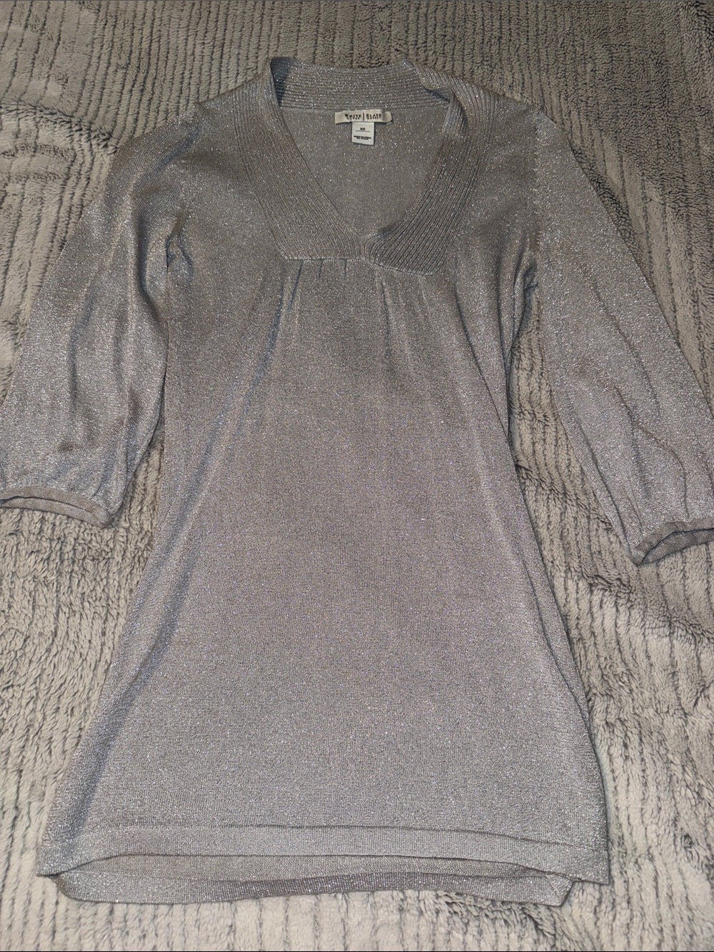 White House Black Market Silver Shimmer V-Neck Tunic Top